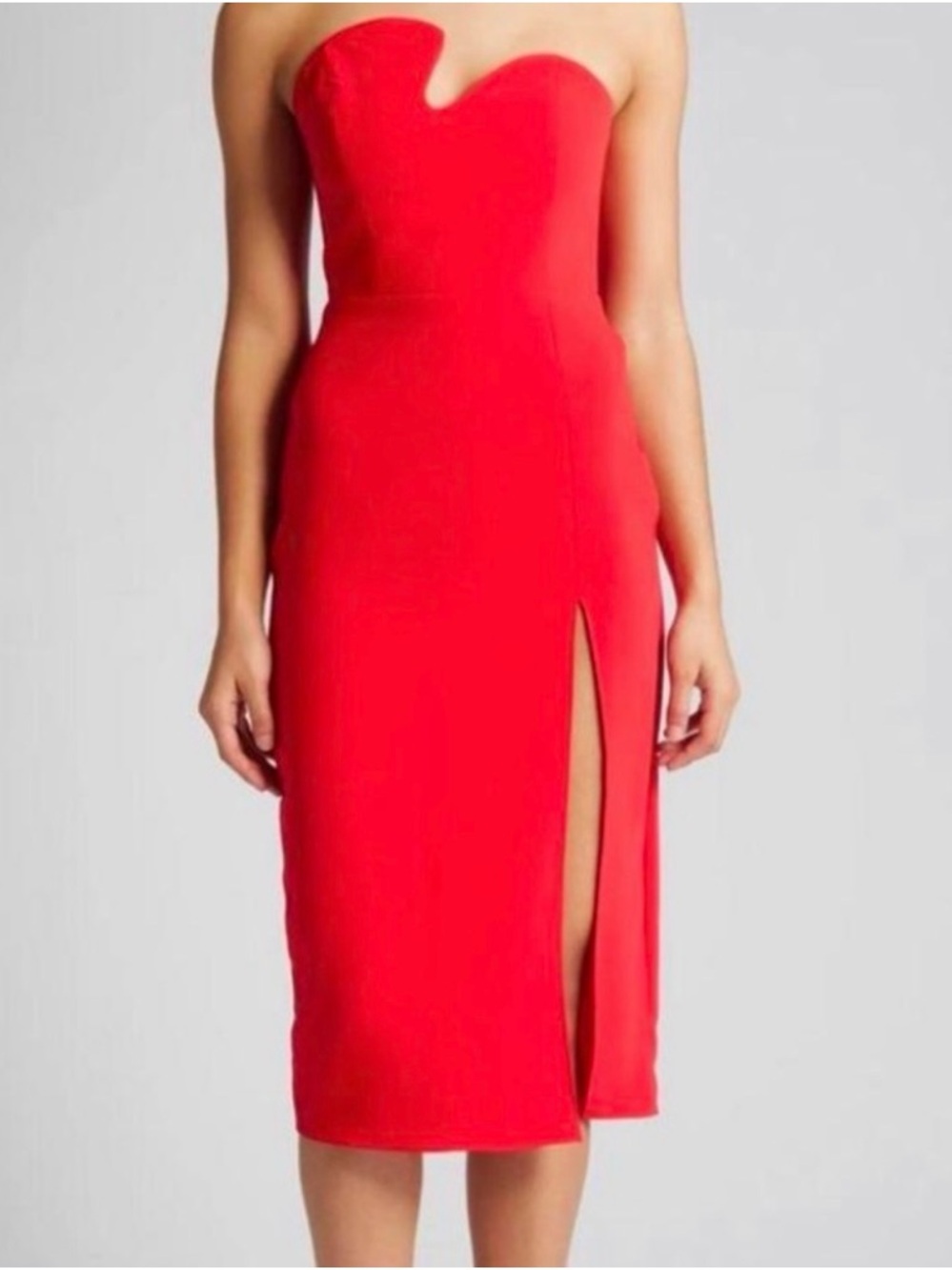 Amanda Uprichard Strapless Red Midi Dress with Side Thigh Slit